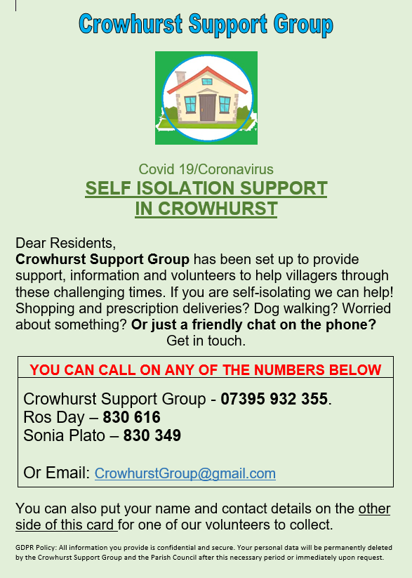This flyer has been delivered to all Crowhurst residents. It has the contact details for the Support Group on