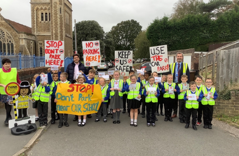 Huw with pupils of All Saints taking part in protest about road safety