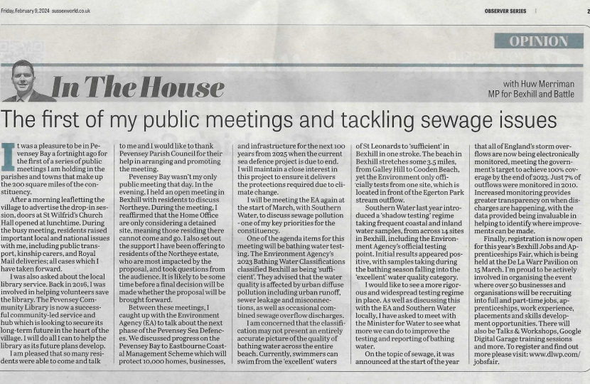 Photo of Bexhill Observer article in print 