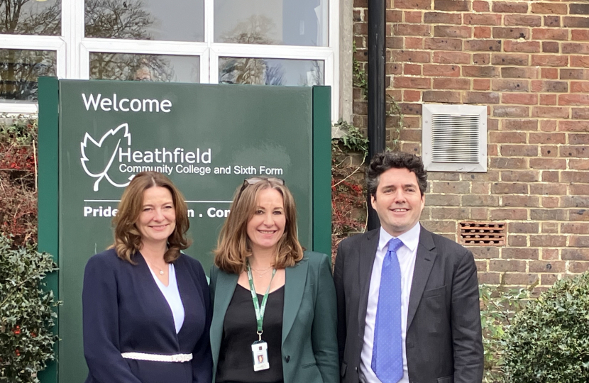 Gillian Keegan, Caroline Barlow and Huw Merriman outside Heathfield CC