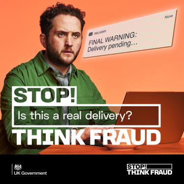 Stop Fraud Graphic man questioning parcel delivery text - is it a scam?